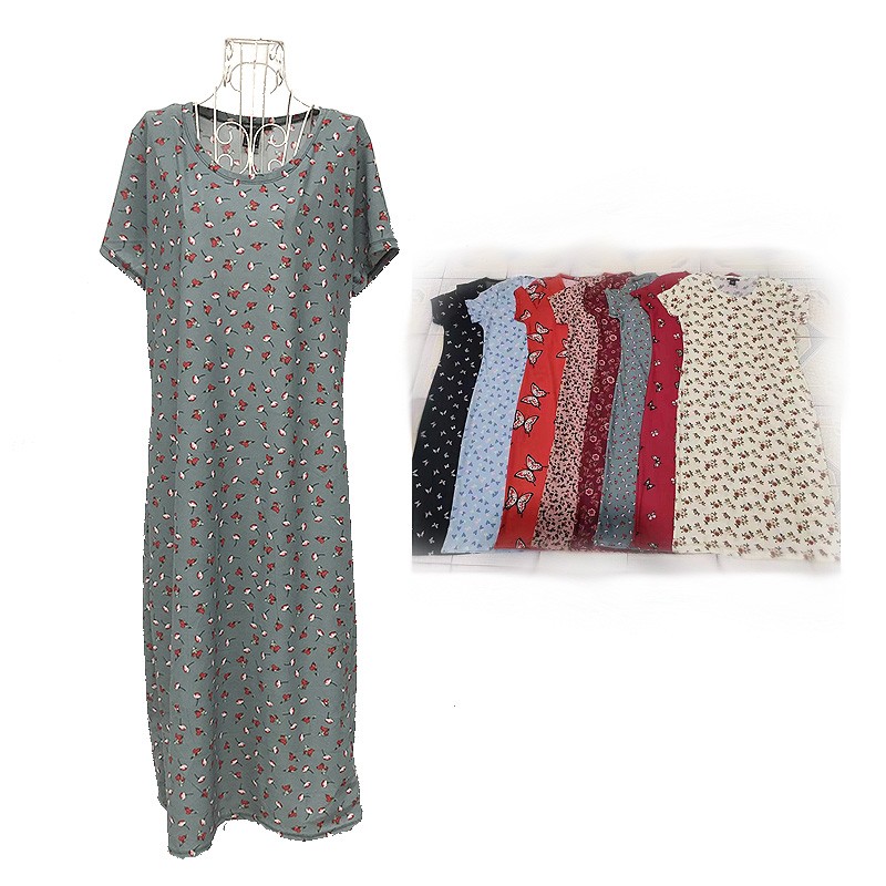 Ladies Stock Lot Polyester Knitted Round Neck Printed Long Summer Dresses