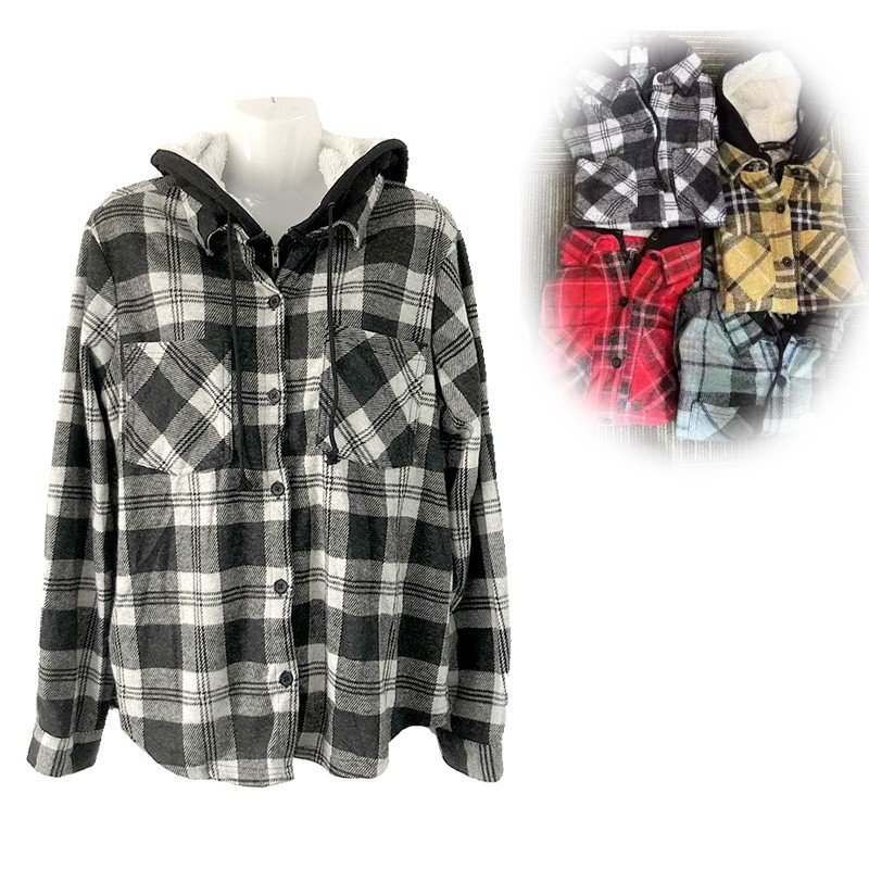 Overstock Ladies Fleece Checked Casual Long Sleeves Shirts with Fur Hoodies