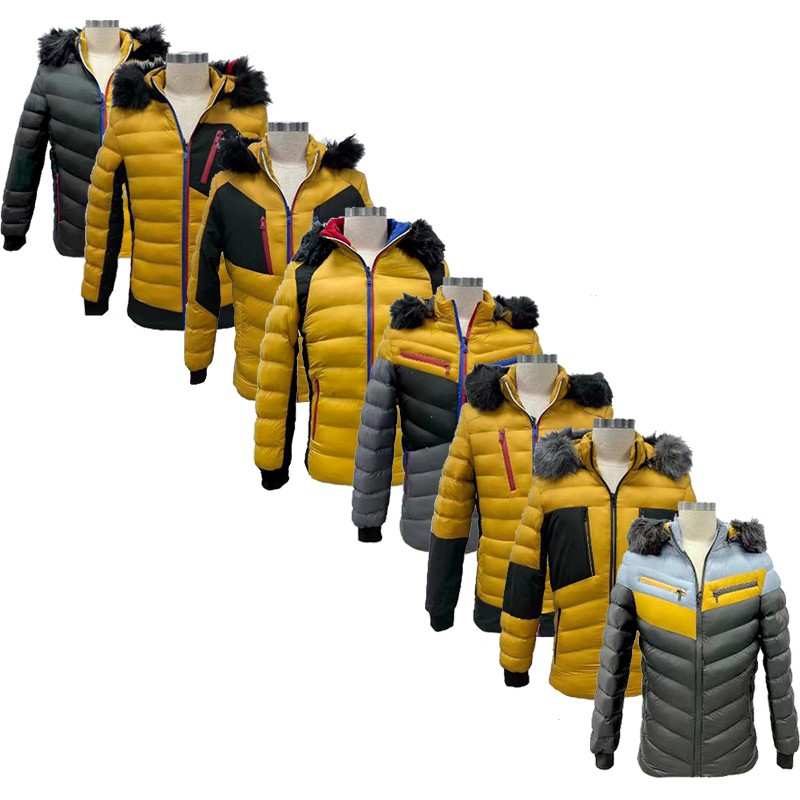 Clearance Stock Wholesale Young Mens Winter Padding Jackets with Detachable Hoodies and Fur Brims