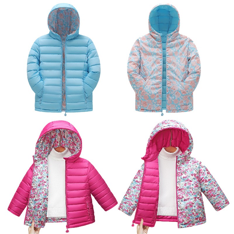 Stock Lot Garments Junior Girls Polyester Reversible Hoody Zipper Padding Winter Jackets