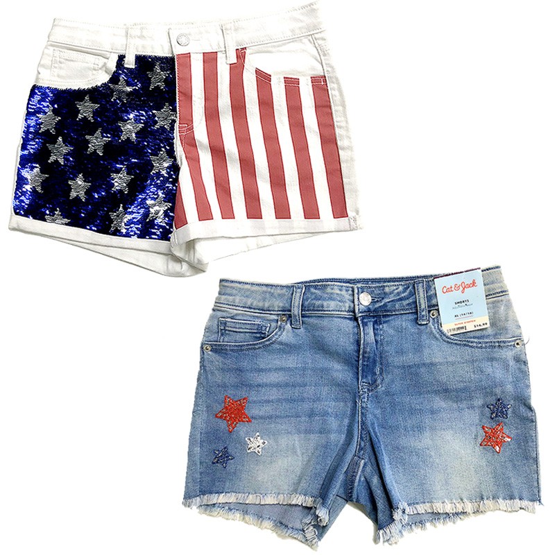 Girls and Teens Stretch Denim Jeans Shorts with Sequins and adjustable Elastic Waist Bands