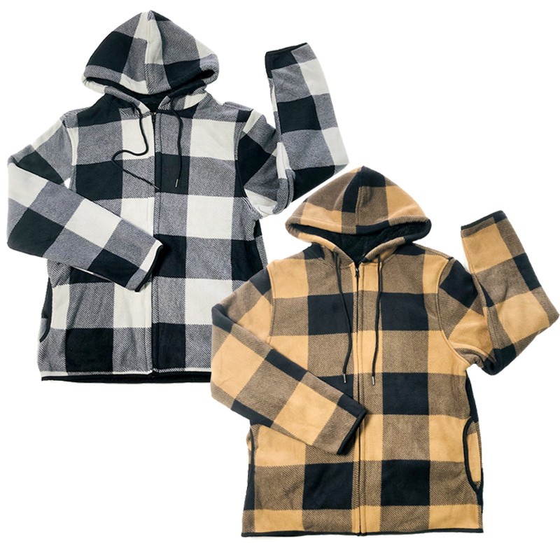 Wholesale Mens Winter Polar Fleece Checked Casual Zipper Hoody Jackets with Coral Fleece Lining