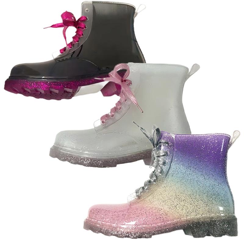 Liquidation Stock Fluorescent Powdered Anti Slip PVC Rain Boots with Shoelace for Girls and Teens