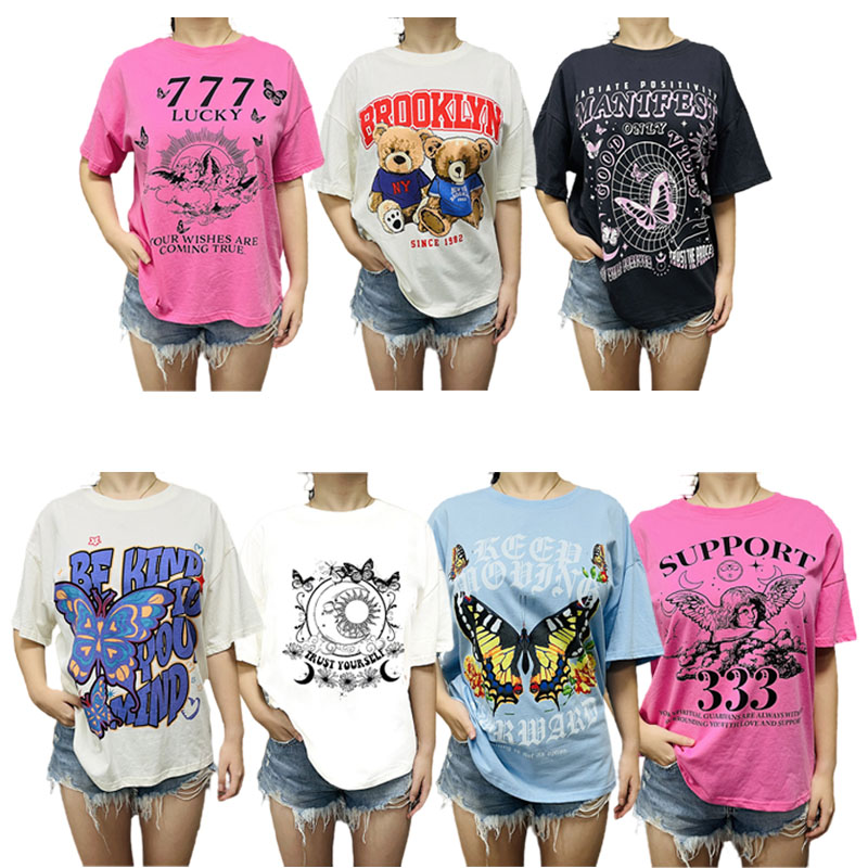 Stock Lot Garments Ladies Casual Summer Shirts Cotton Printed Knitted Tops Round Neck T Shirts