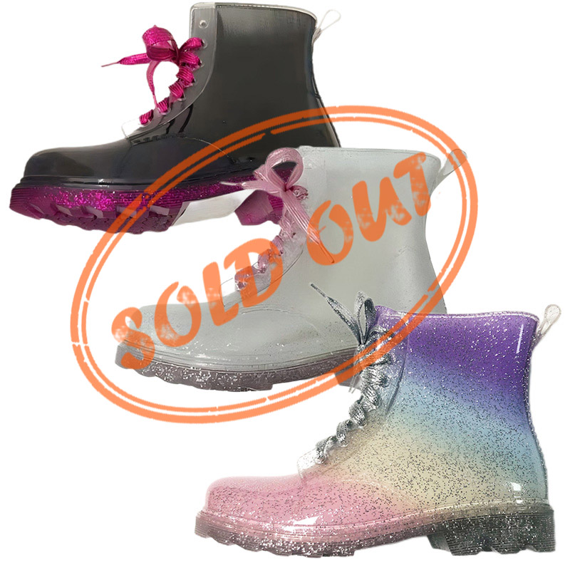 Liquidation Stock Fluorescent Powdered Anti Slip PVC Rain Boots with Shoelace for Girls and Teens